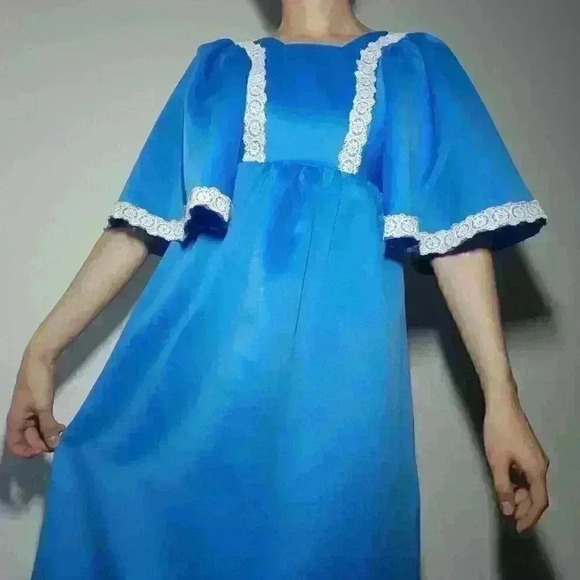 Vintage 70s bright blue babydoll maxi dress with big sleeves & lace ✦ Handmade ✦ - Picture 8 of 16
